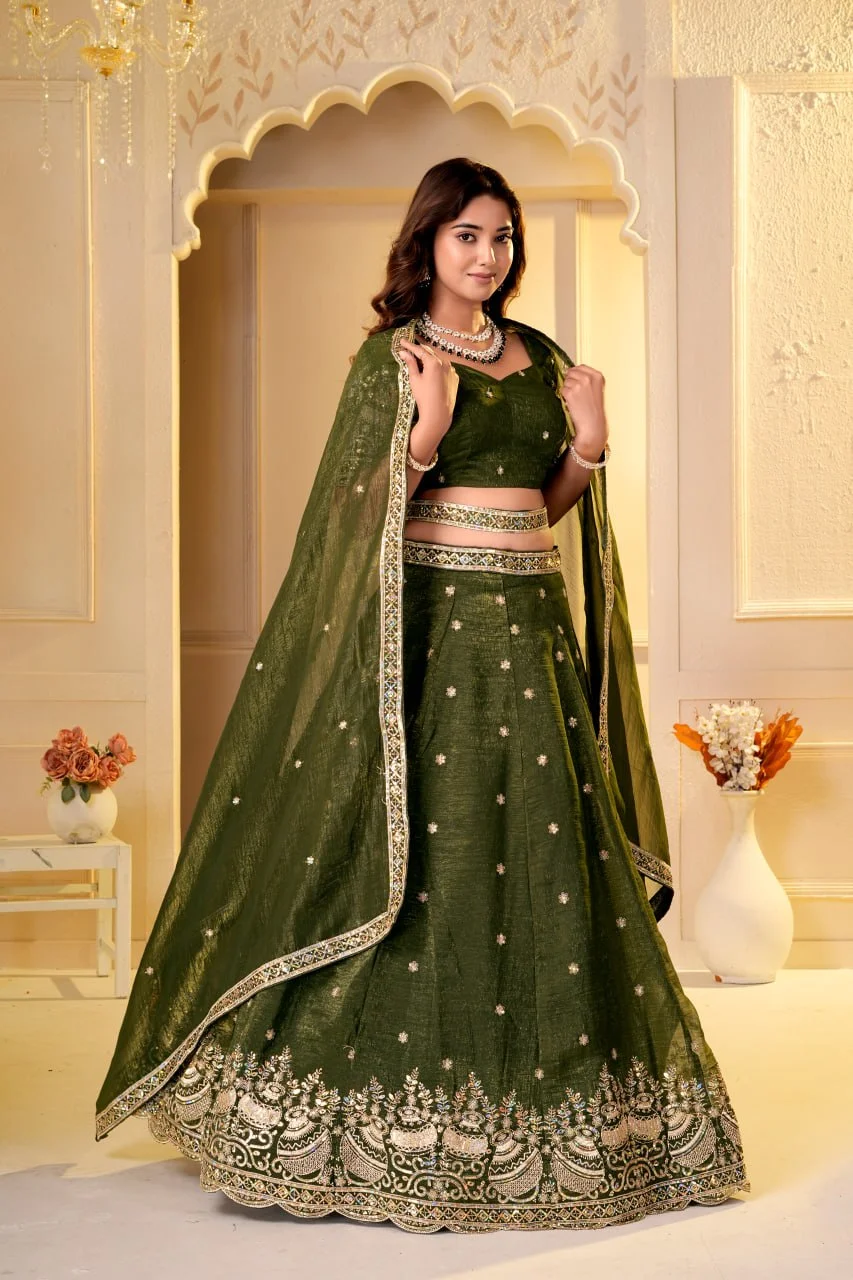 VIDALA CLOTHINGS Crunchy Silk Designer Lehenga Choli Set with Unstitched Blouse Piece & Dupatta in Mehendi Green — photo 5 of 8