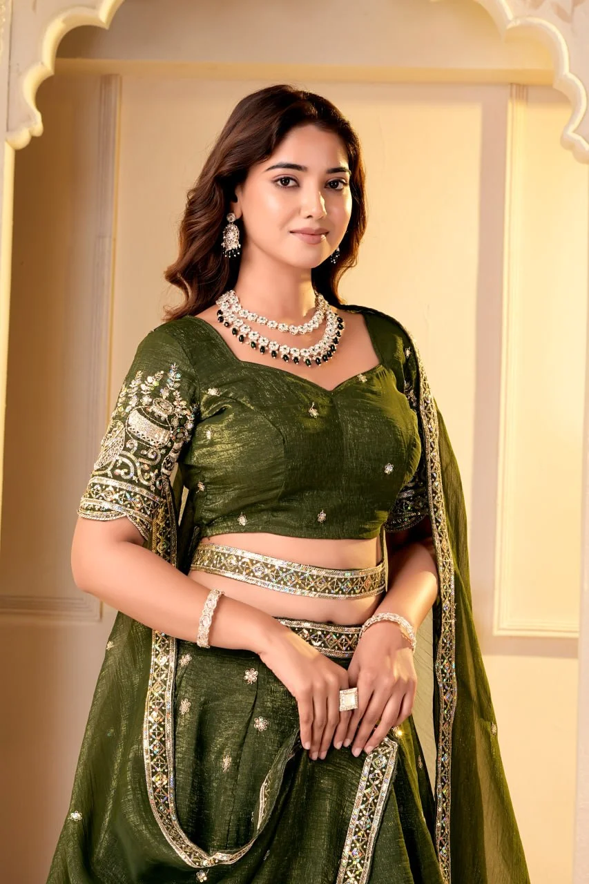 VIDALA CLOTHINGS Crunchy Silk Designer Lehenga Choli Set with Unstitched Blouse Piece & Dupatta in Mehendi Green — photo 6 of 8