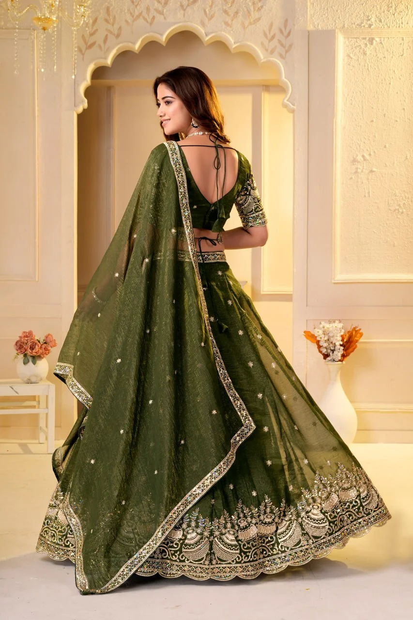VIDALA CLOTHINGS Crunchy Silk Designer Lehenga Choli Set with Unstitched Blouse Piece & Dupatta in Mehendi Green — photo 8 of 8