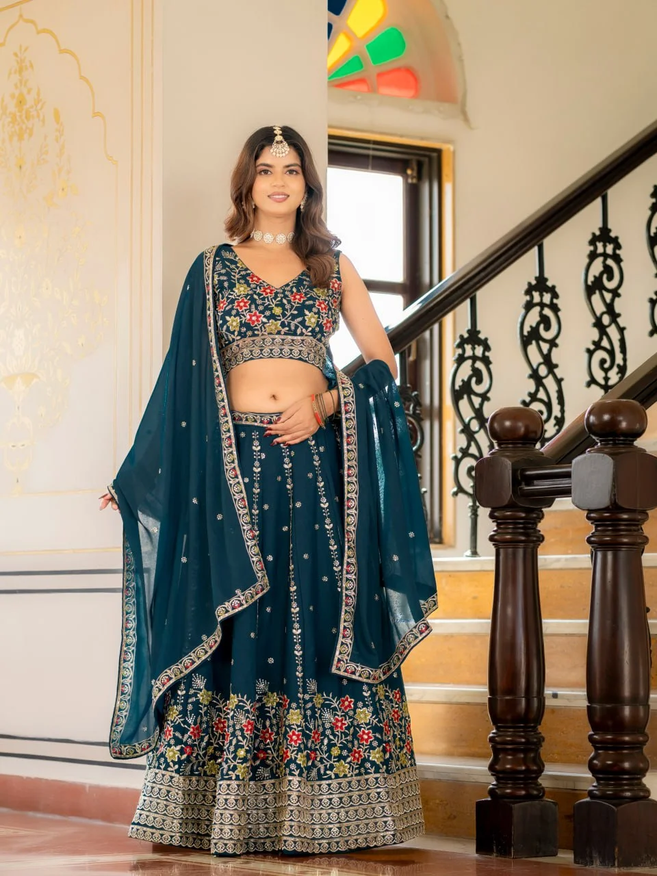 VIDALA CLOTHINGS Trending Wedding Bridesmaid Star Georgette Lehenga Choli Set with Unstitched Blouse Piece & Dupatta in Teal — photo 2 of 9