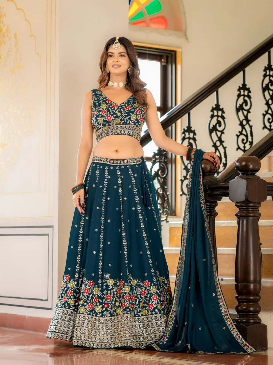 VIDALA CLOTHINGS Trending Wedding Bridesmaid Star Georgette Lehenga Choli Set with Unstitched Blouse Piece & Dupatta in Teal — photo 3 of 9