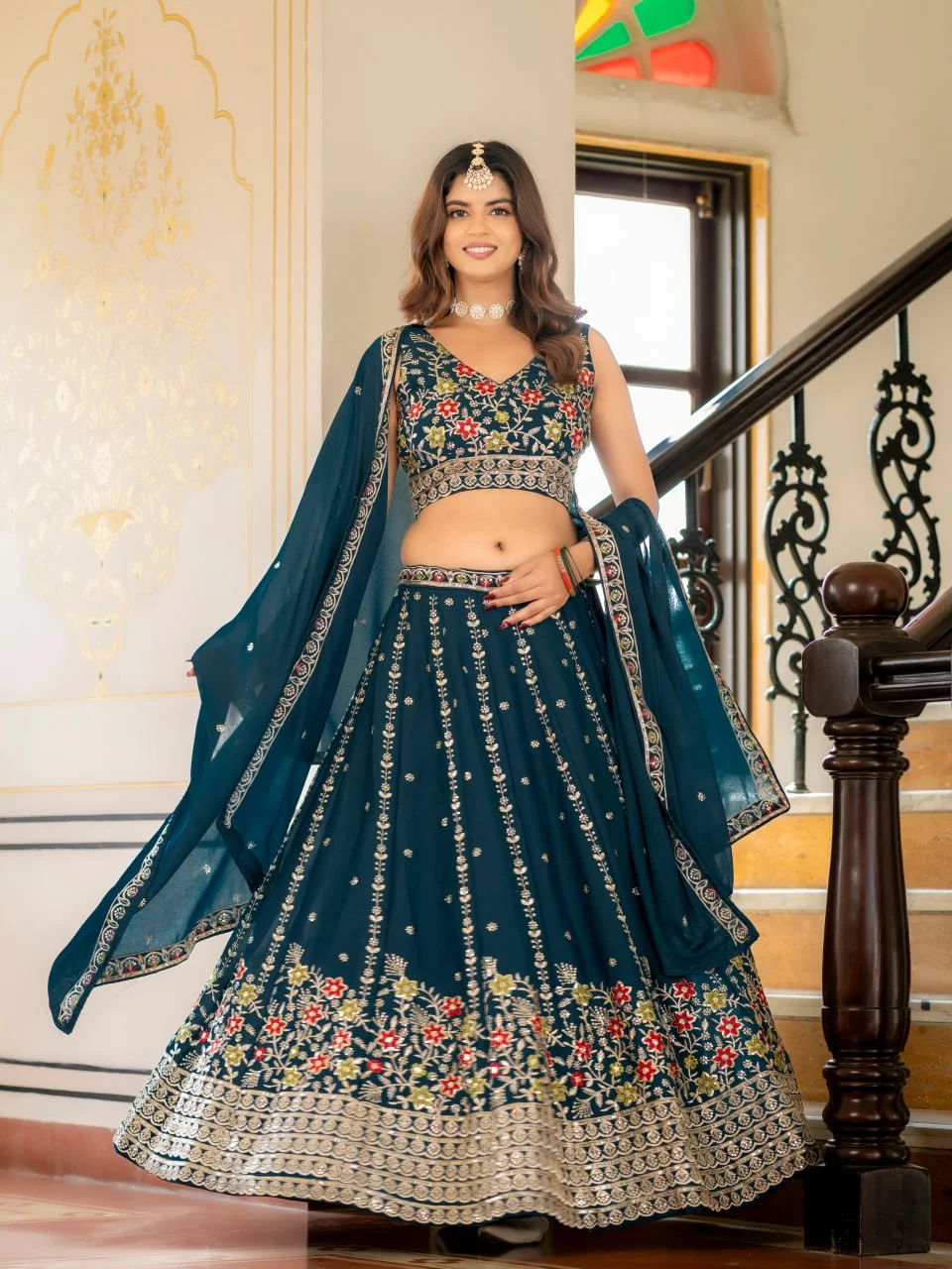 VIDALA CLOTHINGS Trending Wedding Bridesmaid Star Georgette Lehenga Choli Set with Unstitched Blouse Piece & Dupatta in Teal — photo 4 of 9