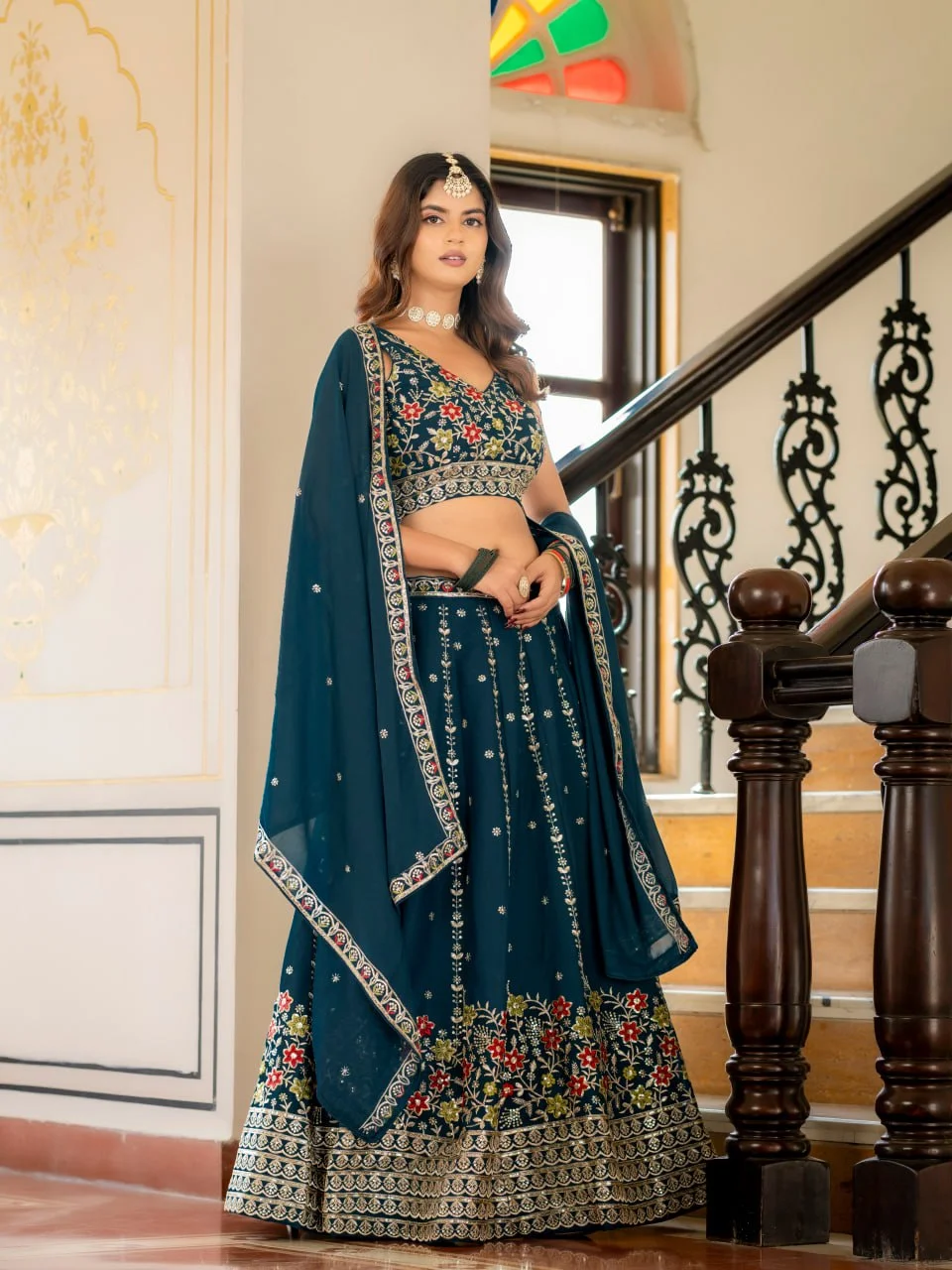 VIDALA CLOTHINGS Trending Wedding Bridesmaid Star Georgette Lehenga Choli Set with Unstitched Blouse Piece & Dupatta in Teal — photo 5 of 9