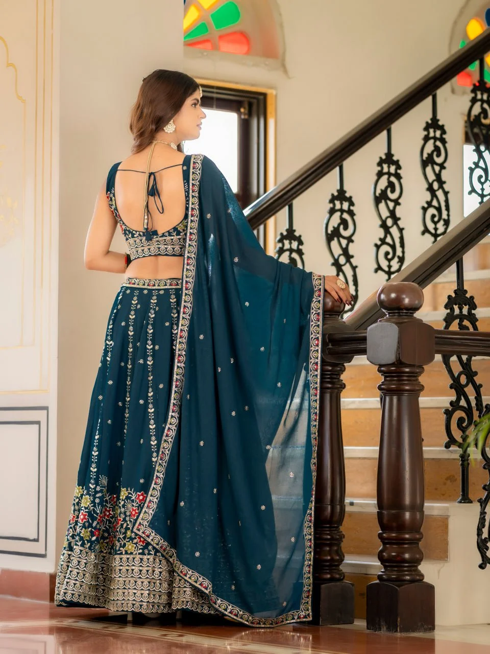VIDALA CLOTHINGS Trending Wedding Bridesmaid Star Georgette Lehenga Choli Set with Unstitched Blouse Piece & Dupatta in Teal — photo 7 of 9
