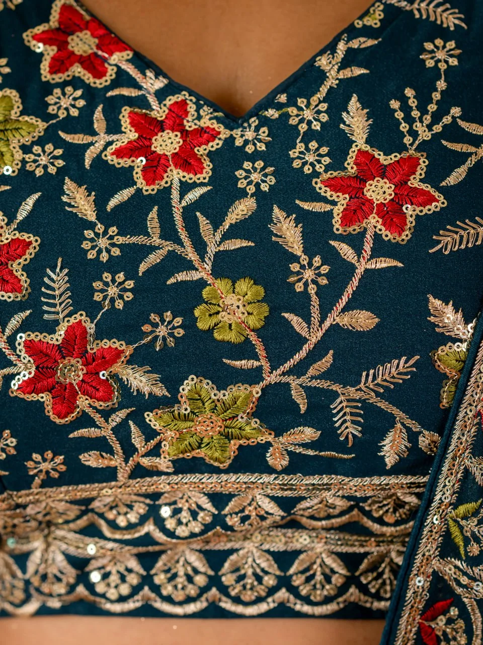 VIDALA CLOTHINGS Trending Wedding Bridesmaid Star Georgette Lehenga Choli Set with Unstitched Blouse Piece & Dupatta in Teal — photo 8 of 9