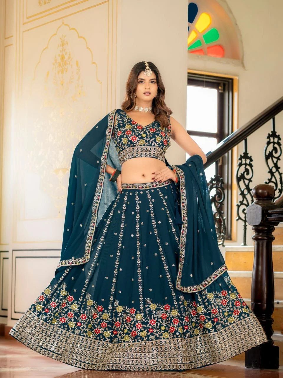 VIDALA CLOTHINGS Trending Wedding Bridesmaid Star Georgette Lehenga Choli Set with Unstitched Blouse Piece & Dupatta in Teal — photo 9 of 9
