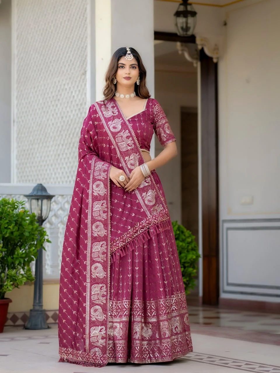 VIDALA CLOTHINGS Vichitra Silk Foil Printed & Glitter Lehenga Choli Set with Unstitched Blouse Piece & Dupatta in Magenta — photo 3 of 10
