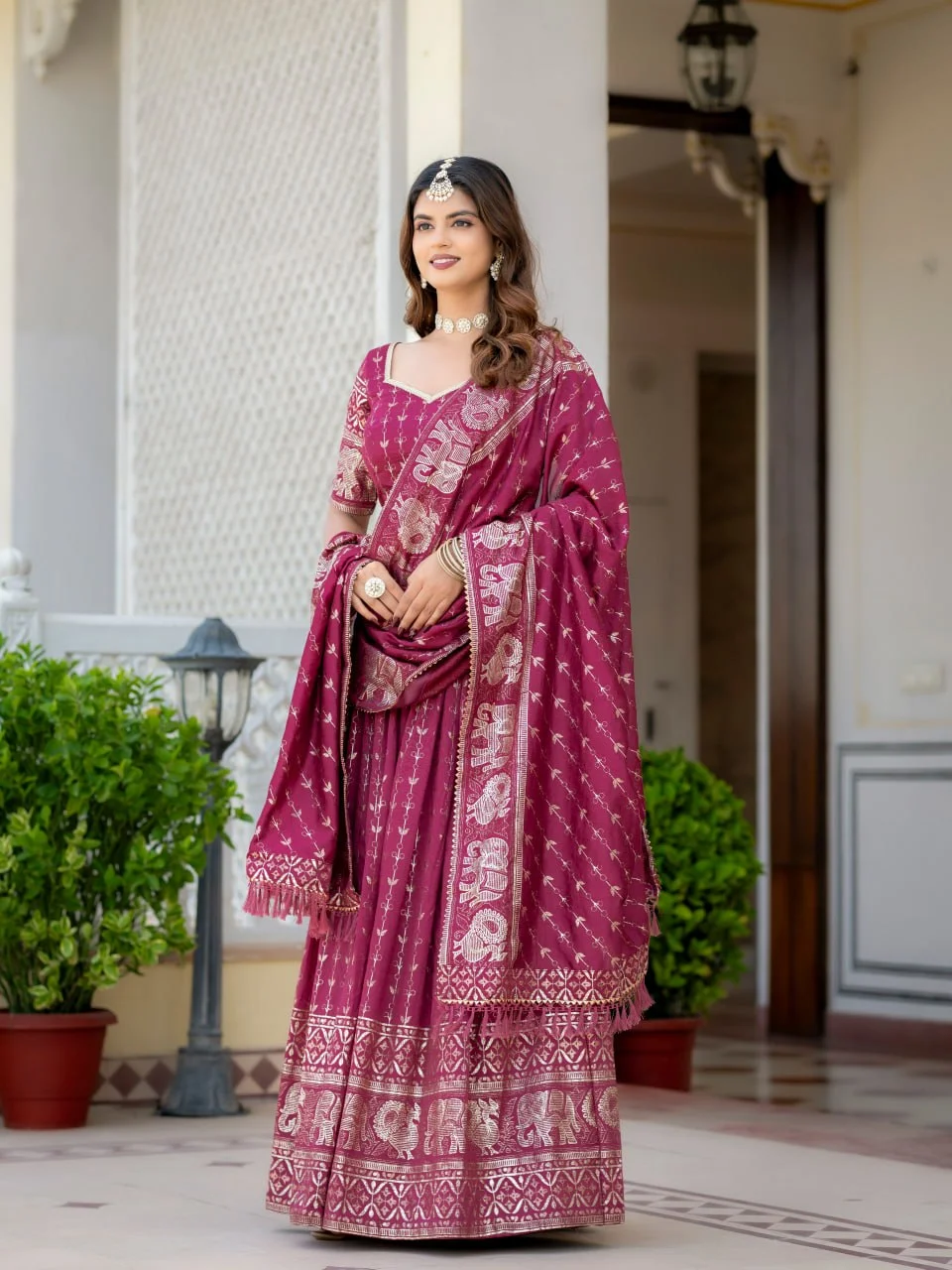 VIDALA CLOTHINGS Vichitra Silk Foil Printed & Glitter Lehenga Choli Set with Unstitched Blouse Piece & Dupatta in Magenta — photo 4 of 10