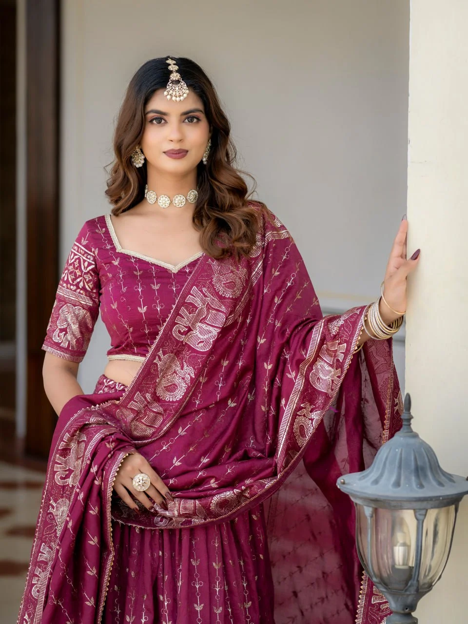 VIDALA CLOTHINGS Vichitra Silk Foil Printed & Glitter Lehenga Choli Set with Unstitched Blouse Piece & Dupatta in Magenta — photo 5 of 10