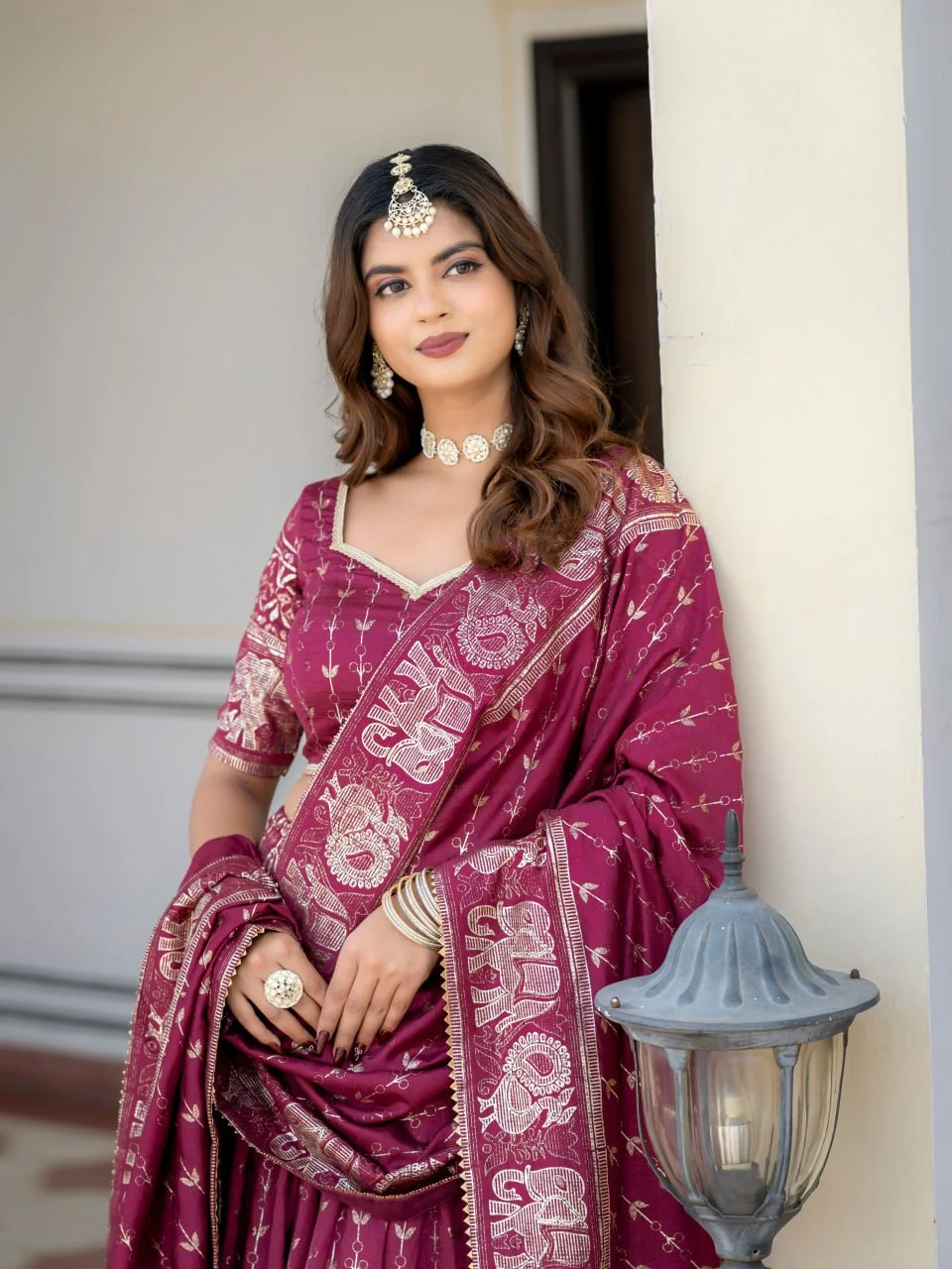 VIDALA CLOTHINGS Vichitra Silk Foil Printed & Glitter Lehenga Choli Set with Unstitched Blouse Piece & Dupatta in Magenta — photo 6 of 10