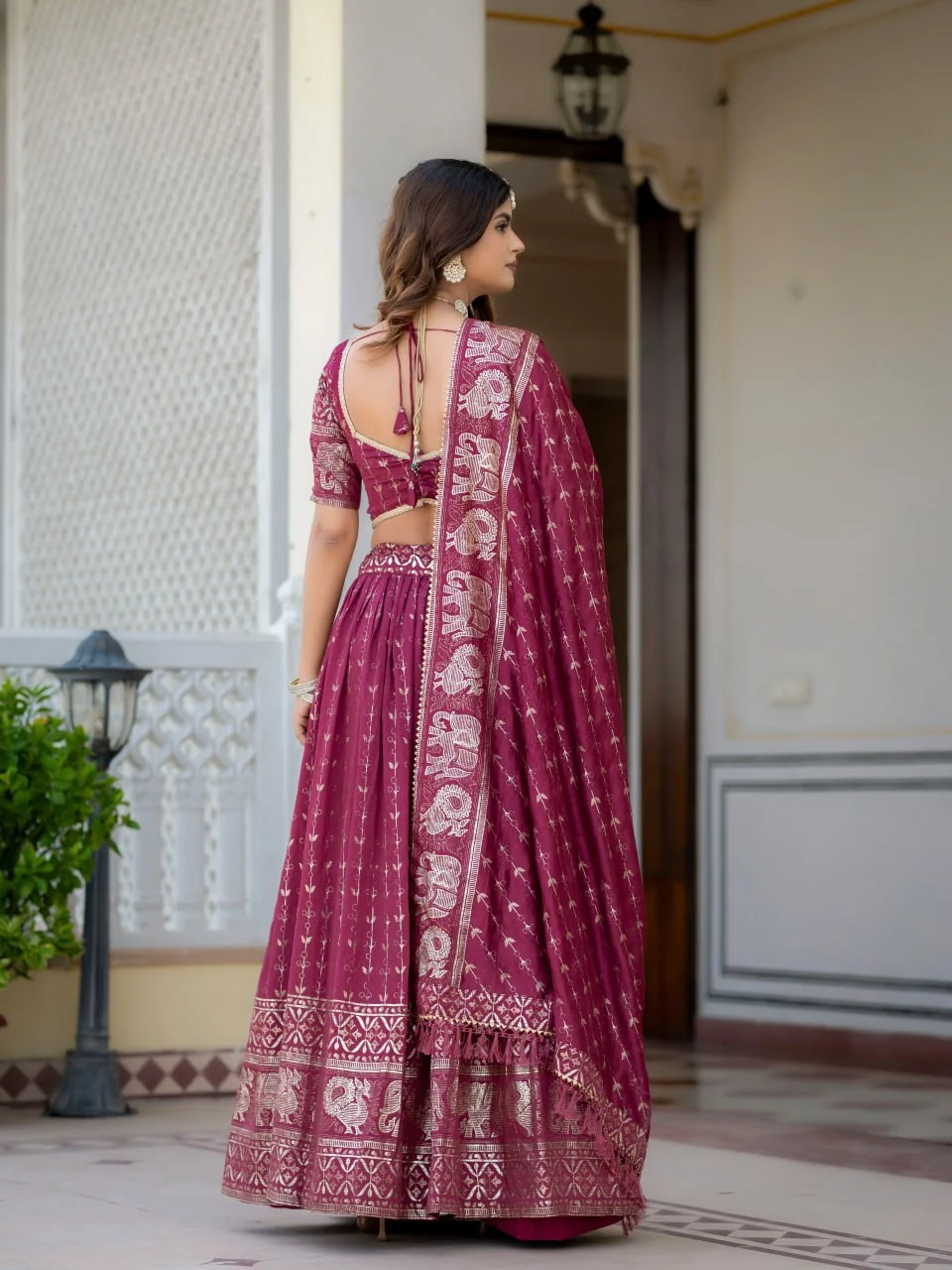 VIDALA CLOTHINGS Vichitra Silk Foil Printed & Glitter Lehenga Choli Set with Unstitched Blouse Piece & Dupatta in Magenta — photo 7 of 10