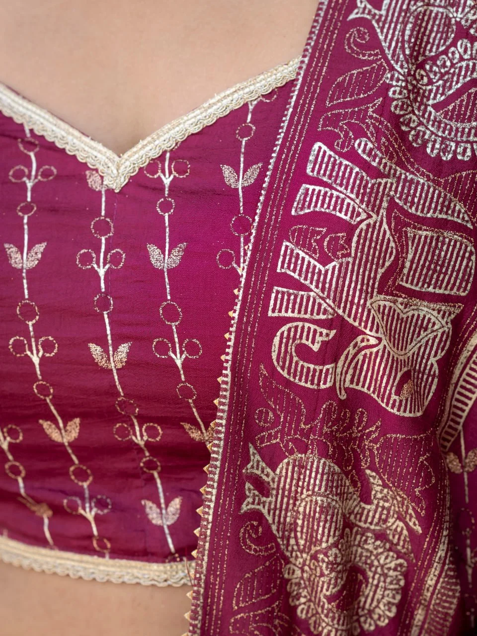 VIDALA CLOTHINGS Vichitra Silk Foil Printed & Glitter Lehenga Choli Set with Unstitched Blouse Piece & Dupatta in Magenta — photo 8 of 10