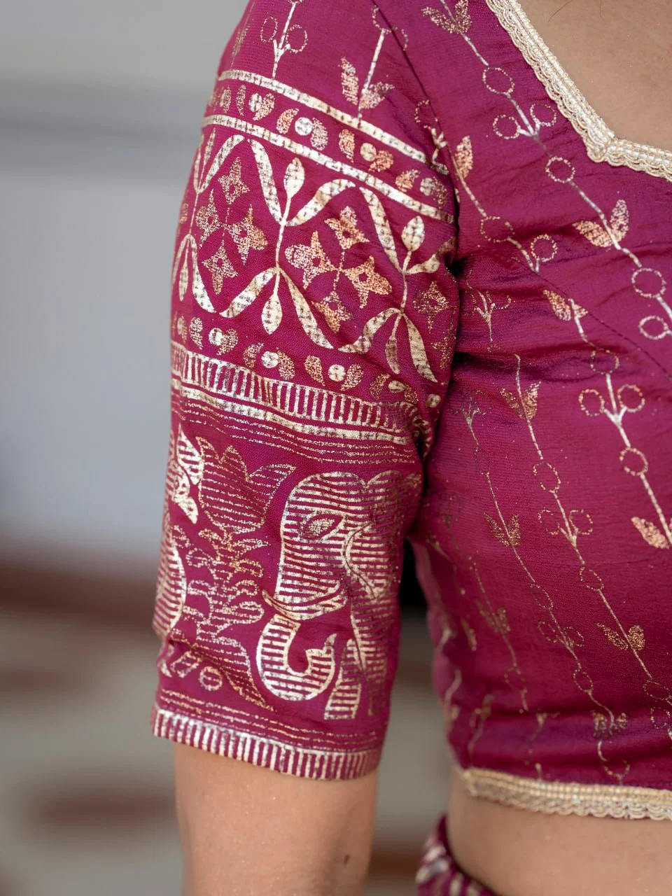VIDALA CLOTHINGS Vichitra Silk Foil Printed & Glitter Lehenga Choli Set with Unstitched Blouse Piece & Dupatta in Magenta — photo 9 of 10