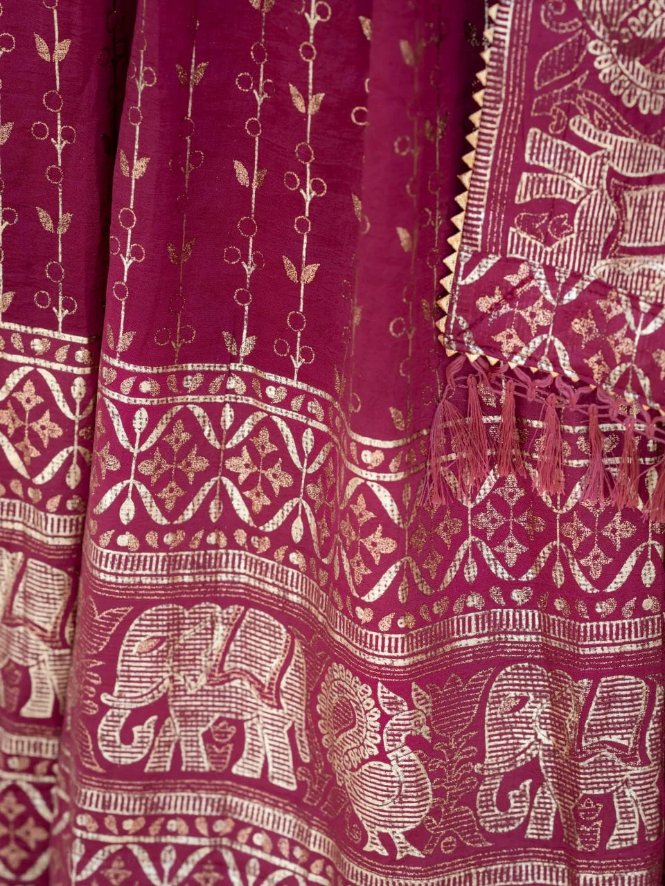 VIDALA CLOTHINGS Vichitra Silk Foil Printed & Glitter Lehenga Choli Set with Unstitched Blouse Piece & Dupatta in Magenta — photo 10 of 10